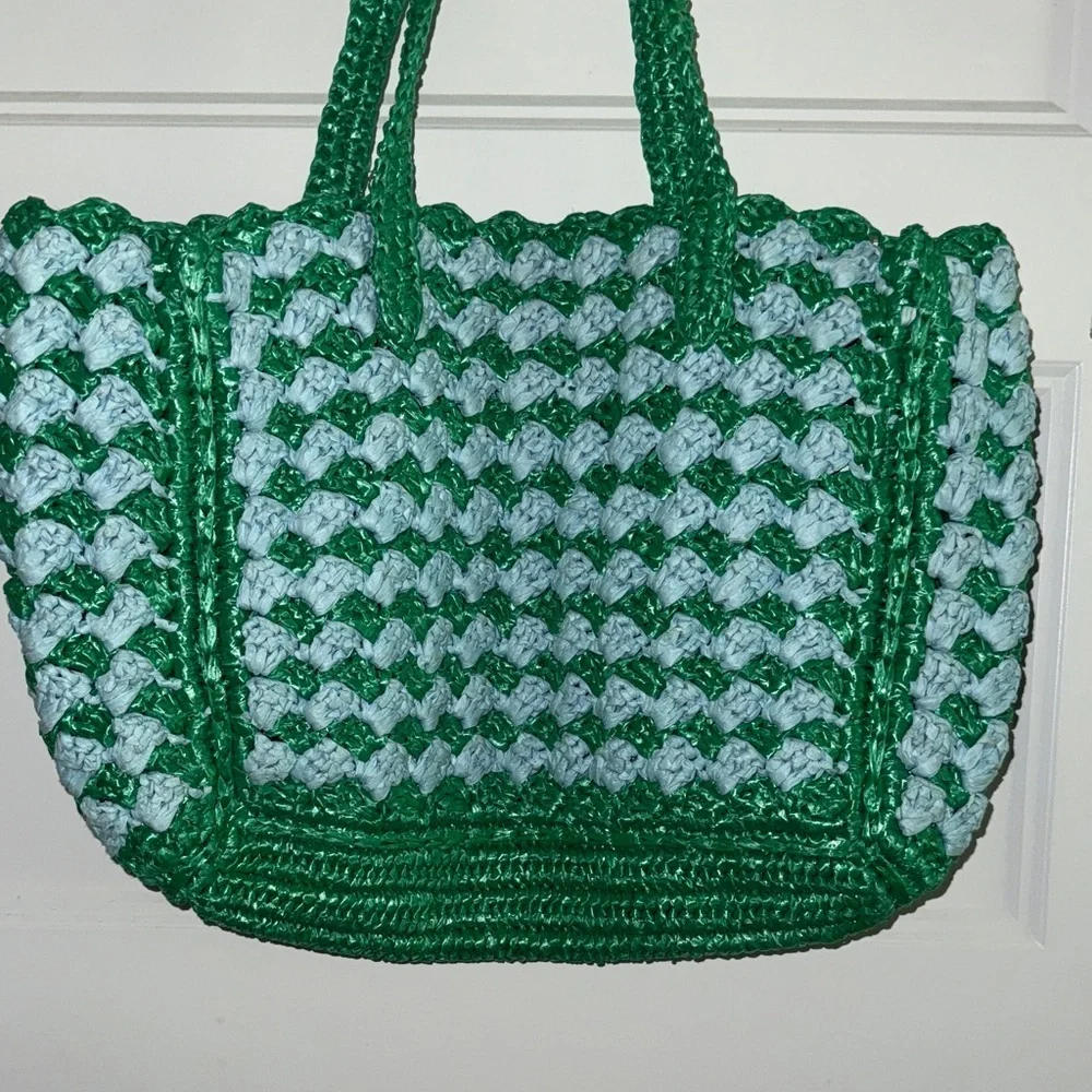 Kate Spade Green and Blue Raffia Tote